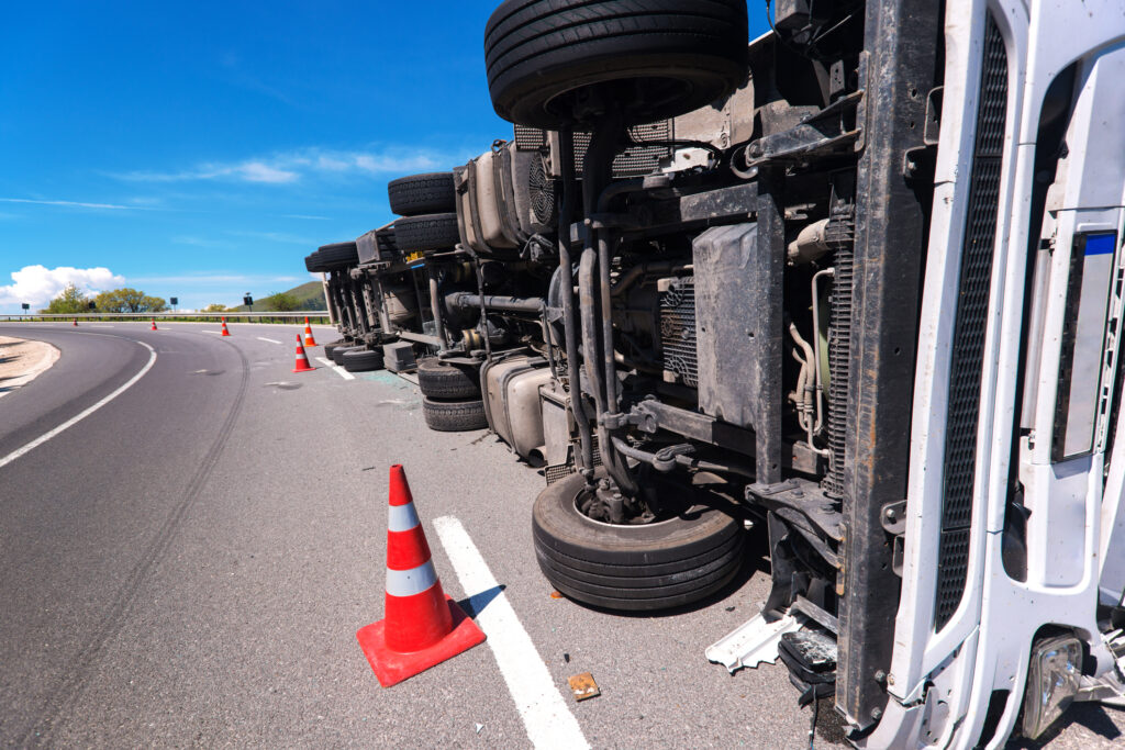 A truck on its side.